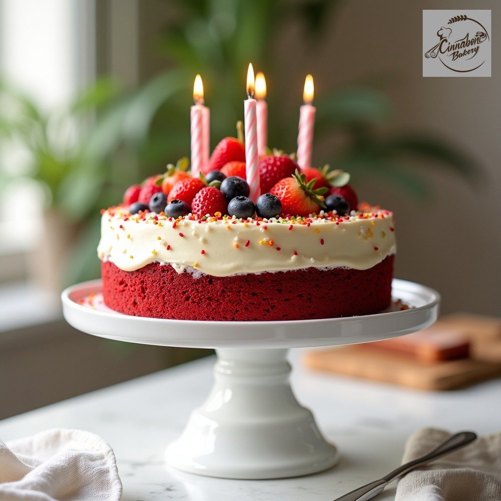Fresh Fruits Topped Red Velvet Cake