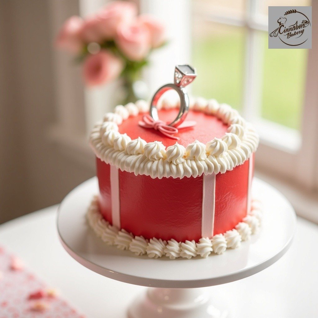 Red and White Themed Engagement Ring Box Cake